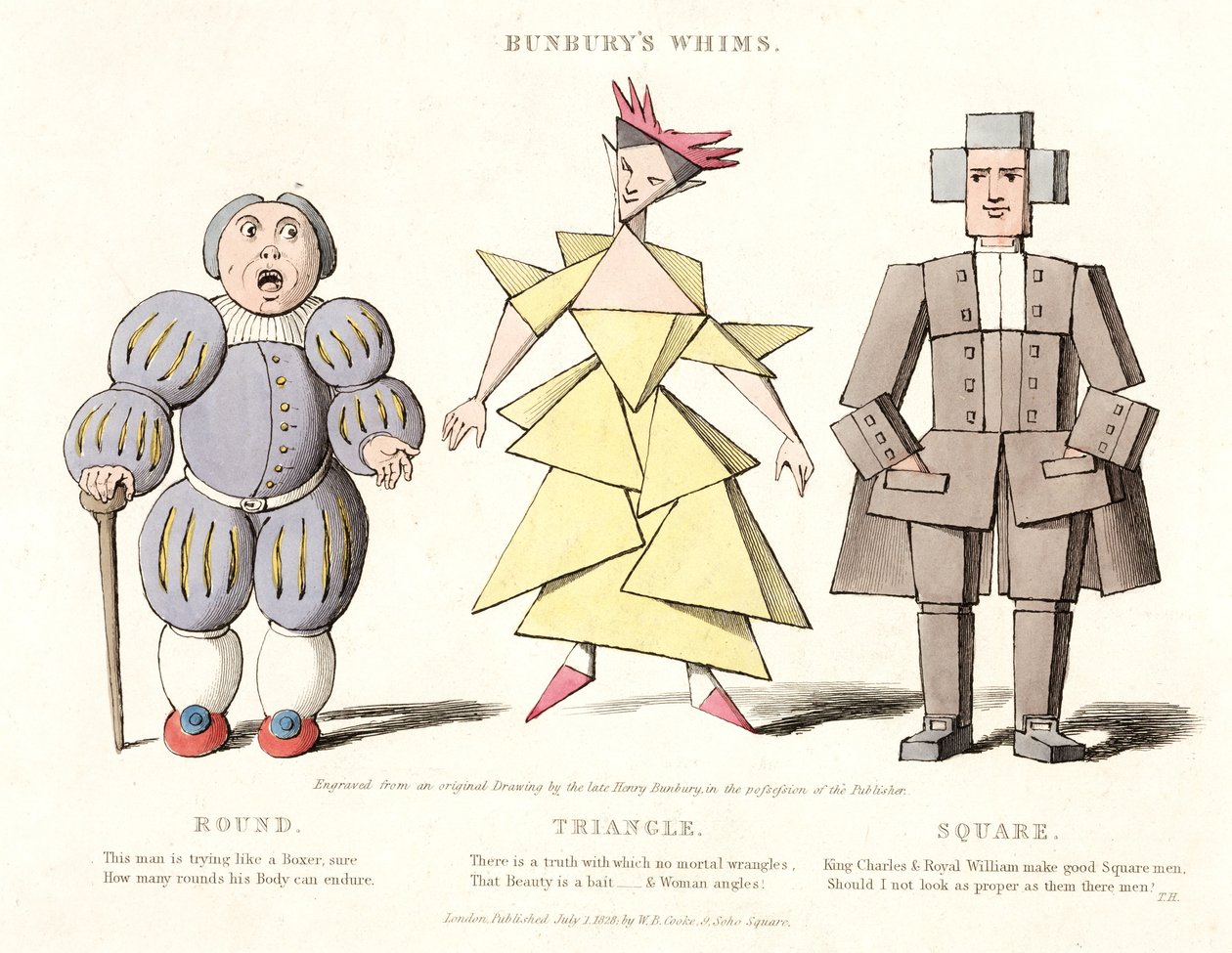 Pyöreä, kolmio ja neliö, Bunburys Whims, 1828 tekijältä Henry William after Bunbury