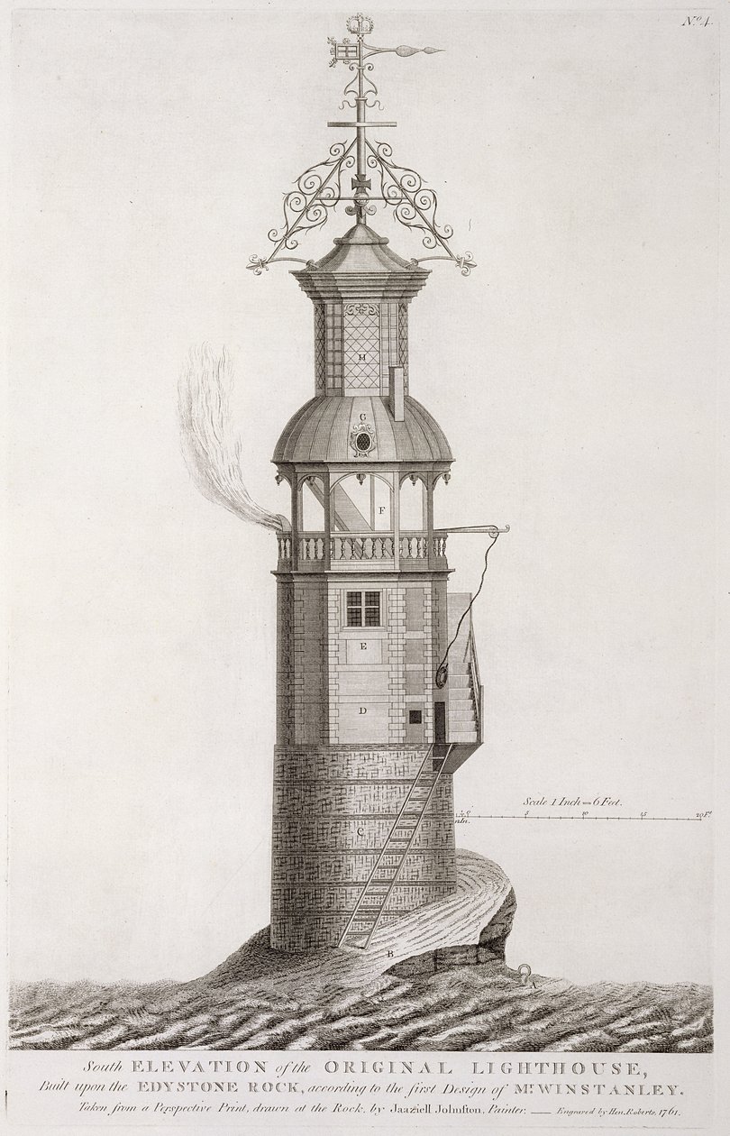 Eddystonen majakka, kaiverrettu Henry Roberts (fl.1761), 1761 tekijältä Henry Winstanley