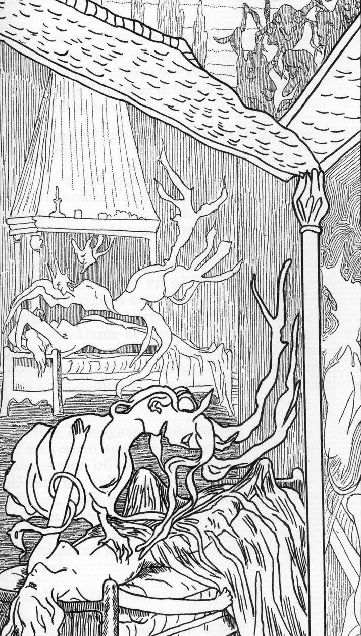 Inkubit (enkelit dechuivat himosta, tulevat demoneiksi ja pyrkivät nauttimaan naisista, kun he unelmoivat tai nukkuvat) ja succubit (naispuoliset demonit, jotka nauttivat miehistä unissaan) (incubus ja succubus) Henry de Malvostin piirustus Jules Boisin "S tekijältä Henry de Malvost