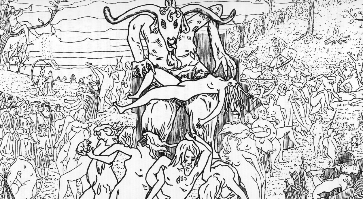 Esitys sapattikohtauksesta, jonka saatanan johtamat noidat kokosivat ja aiheuttavat orgioita (sapattikokous) Henry de Malvostin piirros Jules Boisin "Satanismista ja magiasta" 1895 Yksityinen kokoelma Â tekijältä Henry de Malvost