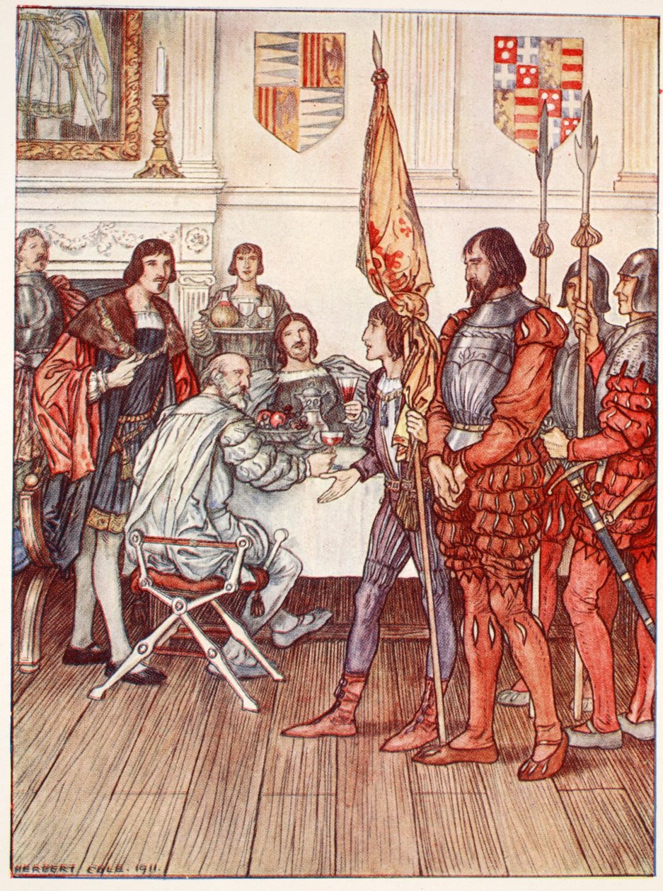 Sivulla esitellään hänen vankinsa, piirros Christopher Haren pubista "Bayard: The Good Knight Without Fear and Without Reproach". 1911 tekijältä Herbert Cole
