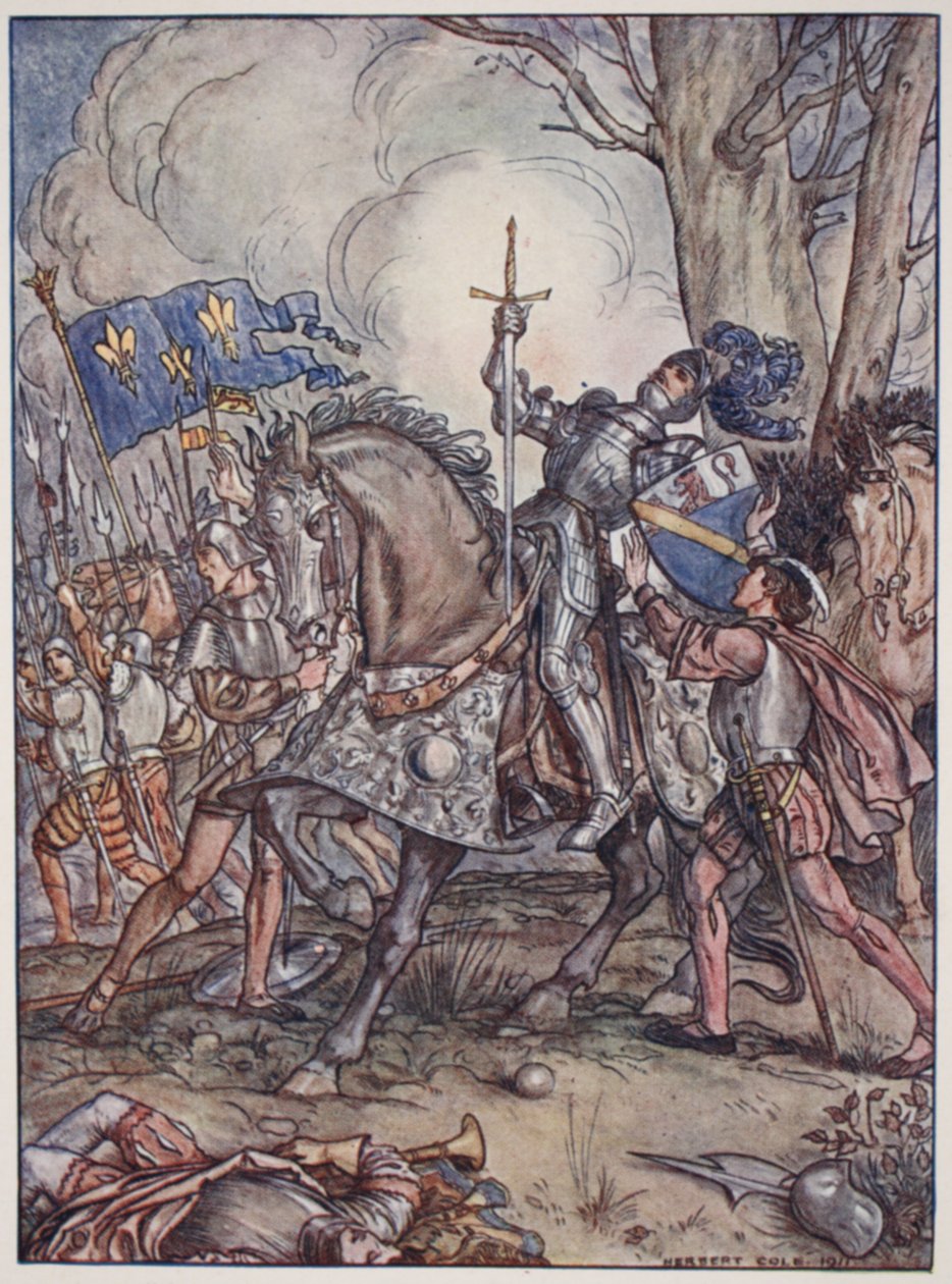 Bayardin kuolema, kuvitus Christopher Haren teoksesta Bayard: The Good Knight Without Fear and Without Reproach, pubi. 1911 tekijältä Herbert Cole