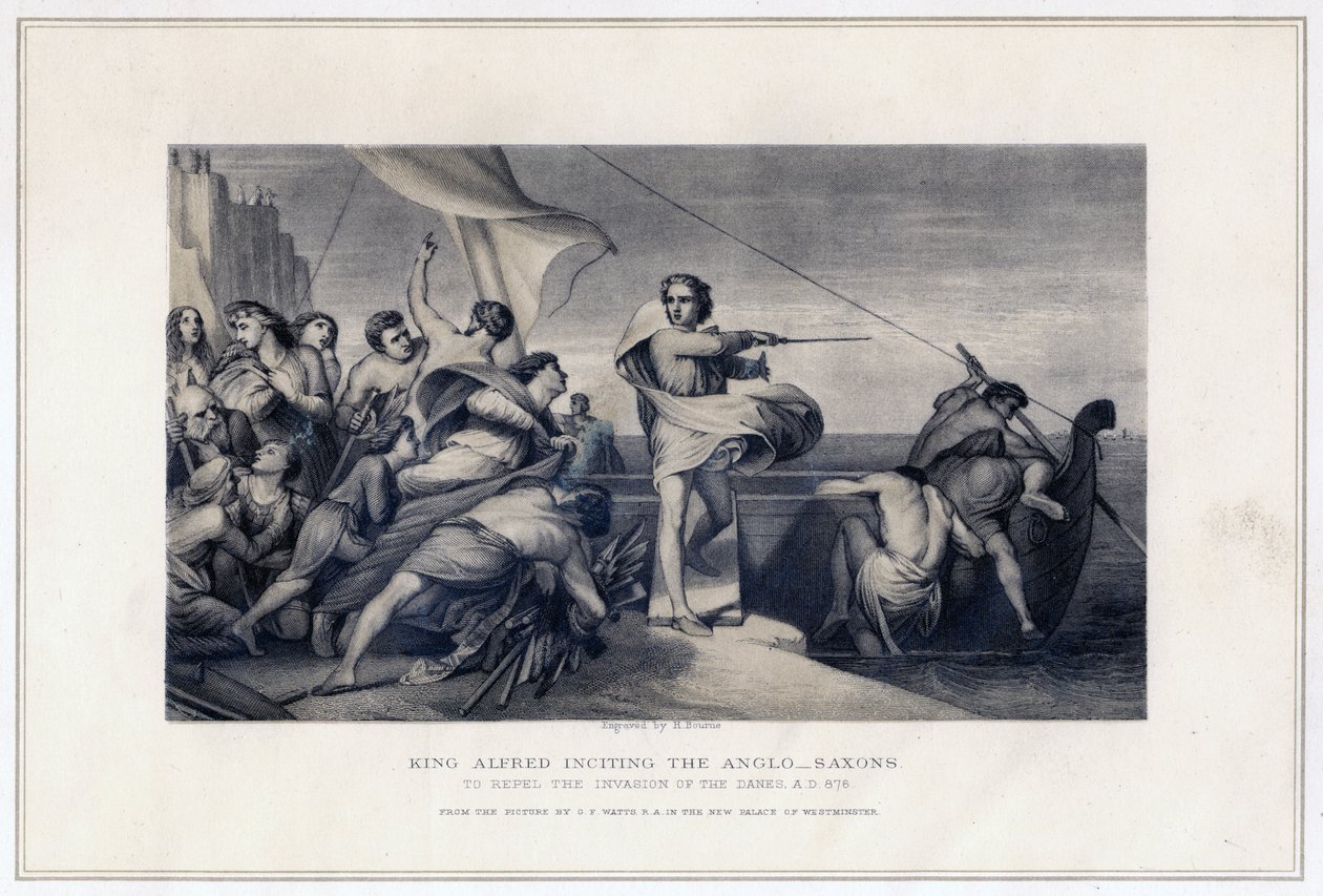 Kuningas Alfred yllyttää anglosakseja torjumaan tanskalaisten hyökkäystä, 896, c1847 tekijältä Herbert Bourne