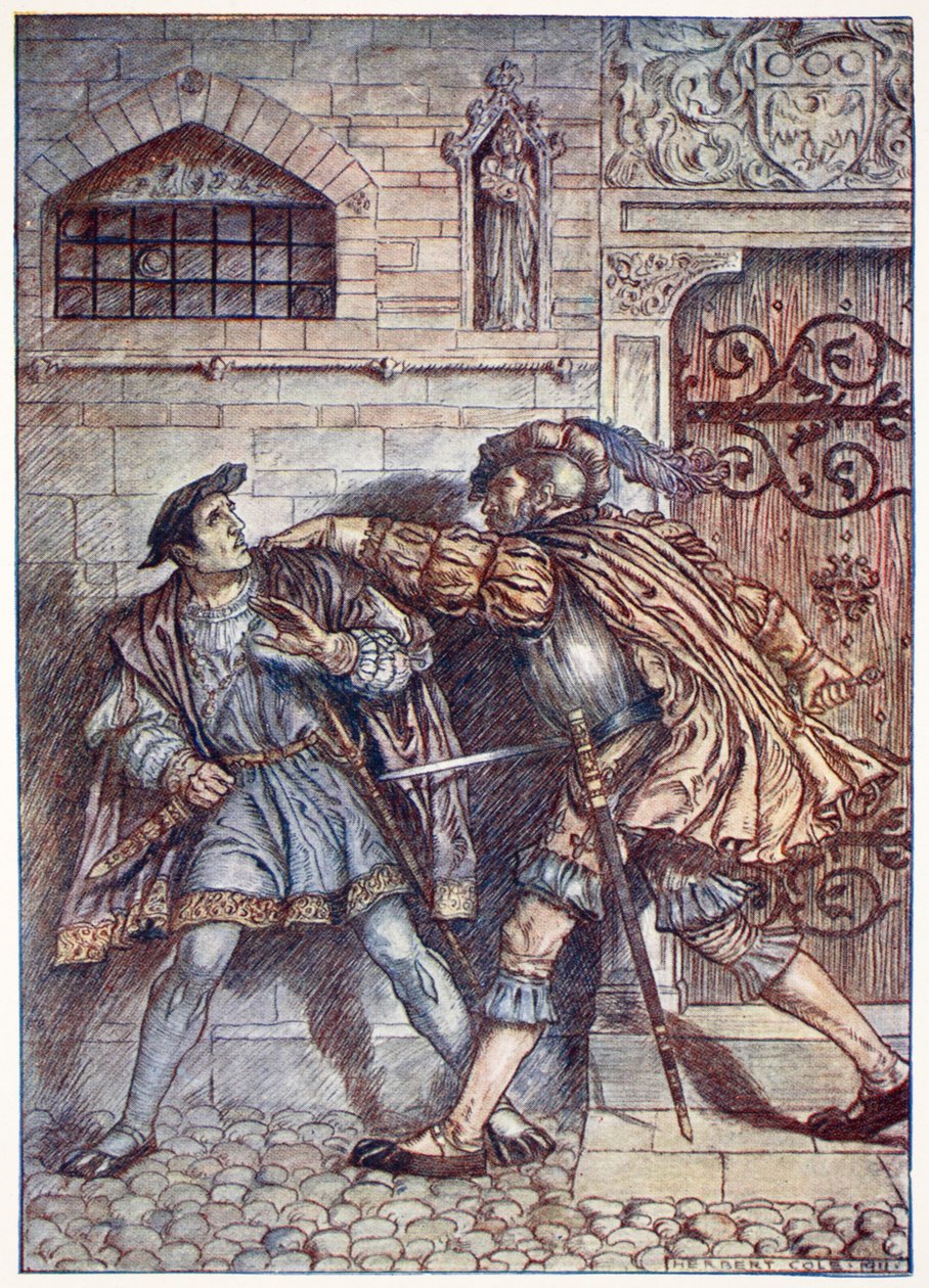 Vakoilijan takavarikointi, kuvitus Christopher Haren teoksesta Bayard: The Good Knight Without Fear and Without Reproach, pubi. 1911 (seepiakuva) tekijältä Herbert Cole