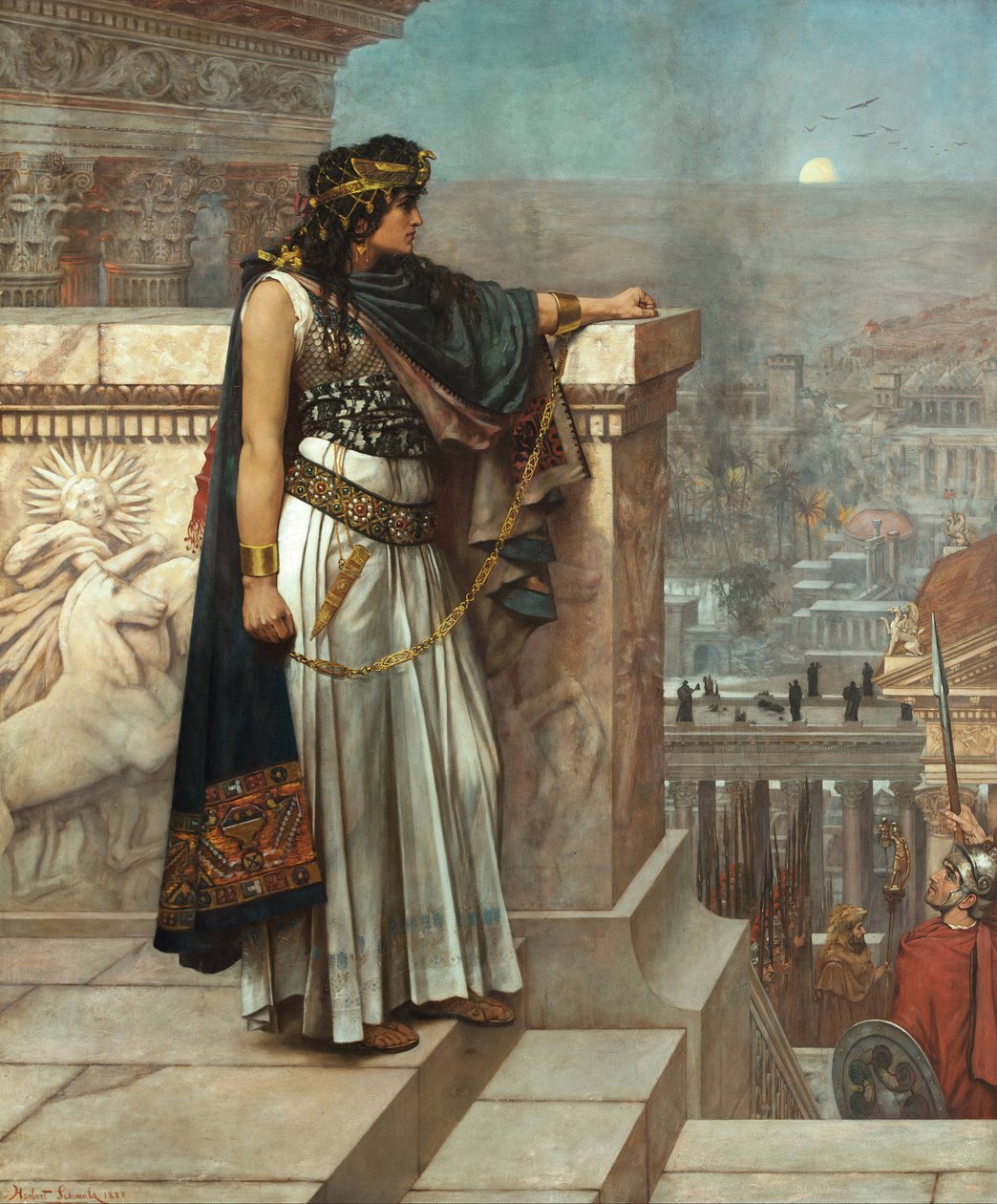 Rooman antiikin aika: "Zenobian viimeinen katse Palmyraan"" Palmyran keisarinna Septimia Bathzabbai Zenobia Rooman keisari Aurelianuksen vangitseman täytyy jättää kuningaskunta, 272"" Herbert Gustave Schmalzin (1856-1935) maalaus 1888 Art Gallery oh tekijältä Herbert Gustave Schmalz