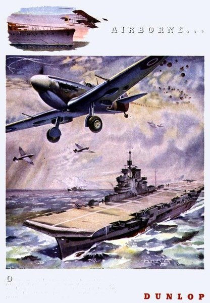 "Airborne....", Dunlop-renkaiden mainos "The Illustrated London News", joulunumero 1944 (litho) tekijältä Herbert Kerr Rooke