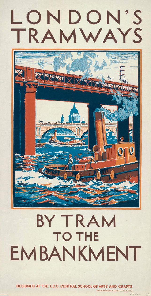 "By Tram to the Embankment", London County Council LCC Tramways -juliste, 1924 tekijältä Herbert Kerr Rooke