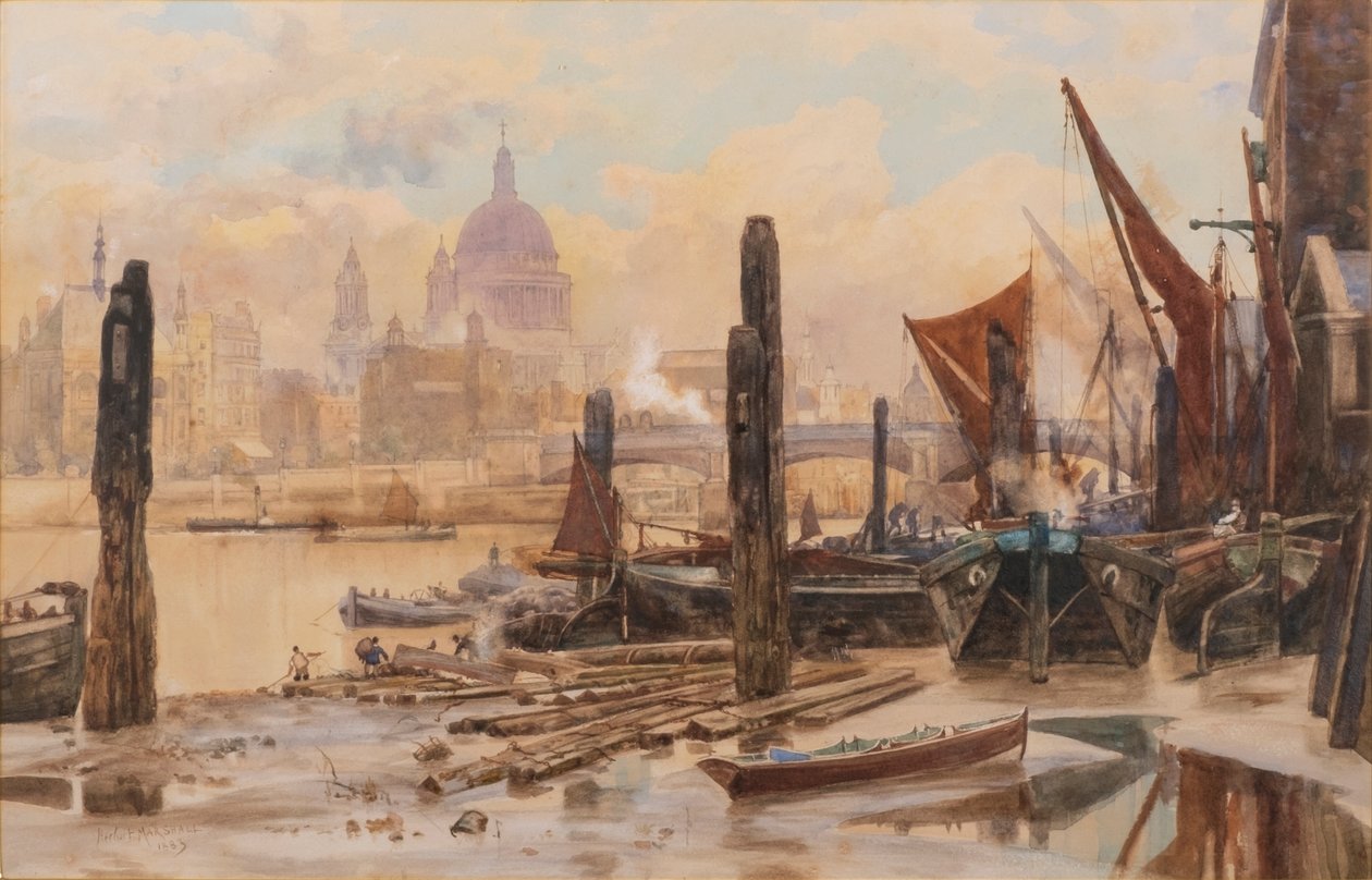 Ankkuroituja Thamesin proomuja; St Pauls ja Blackfriars Bridge kaukana. tekijältä Herbert Menzies Marshall