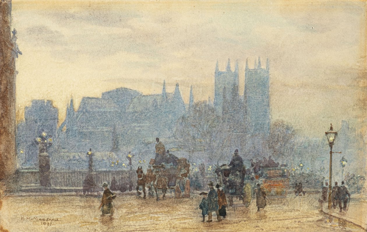 Westminster Abbey Westminsterin sillalta 1892 (akvarelli) tekijältä Herbert Menzies Marshall