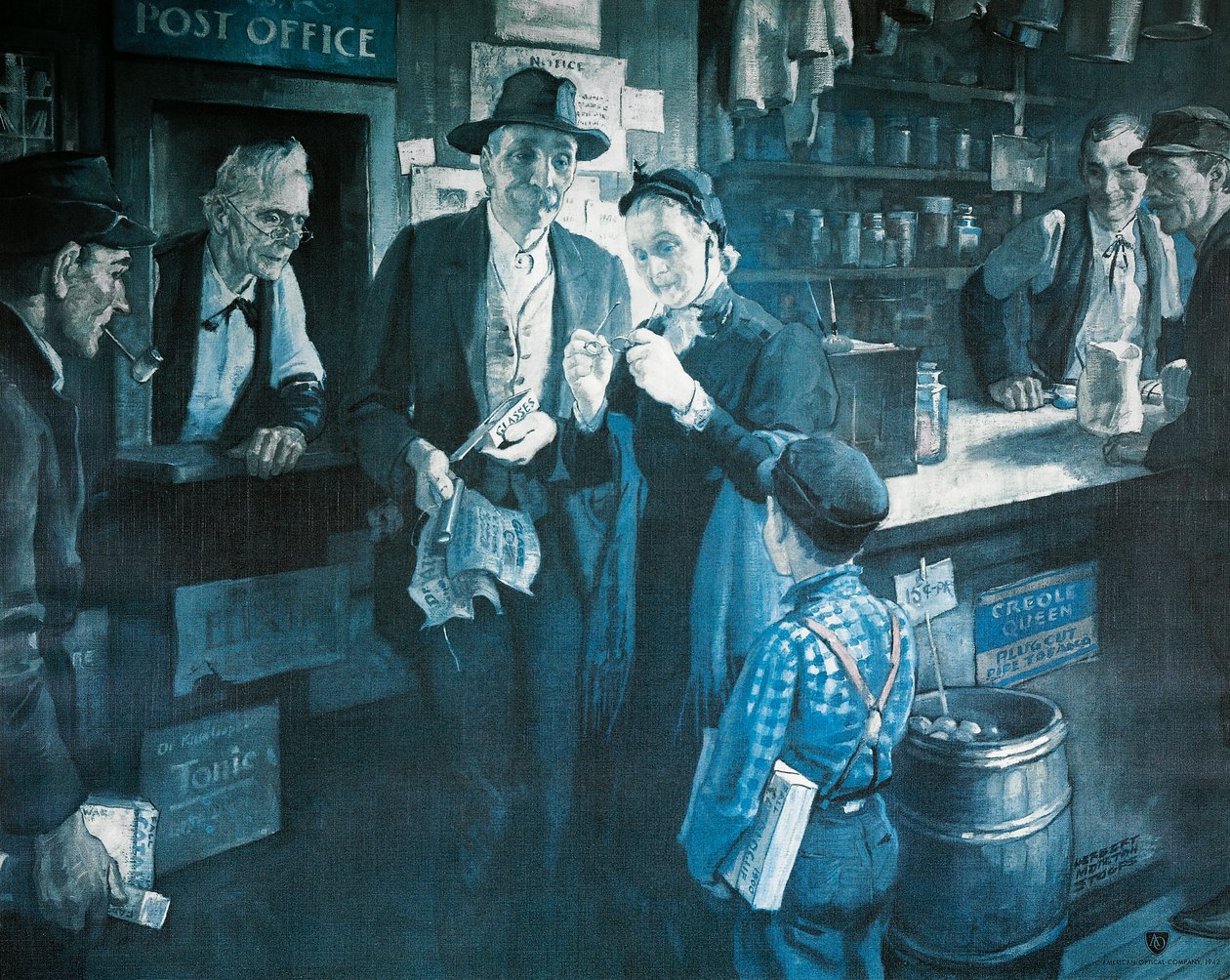 Silmälasien toimittaja 1800-luvun lopulla, mainos American Optical Companylle tekijältä Herbert Morton Stoops