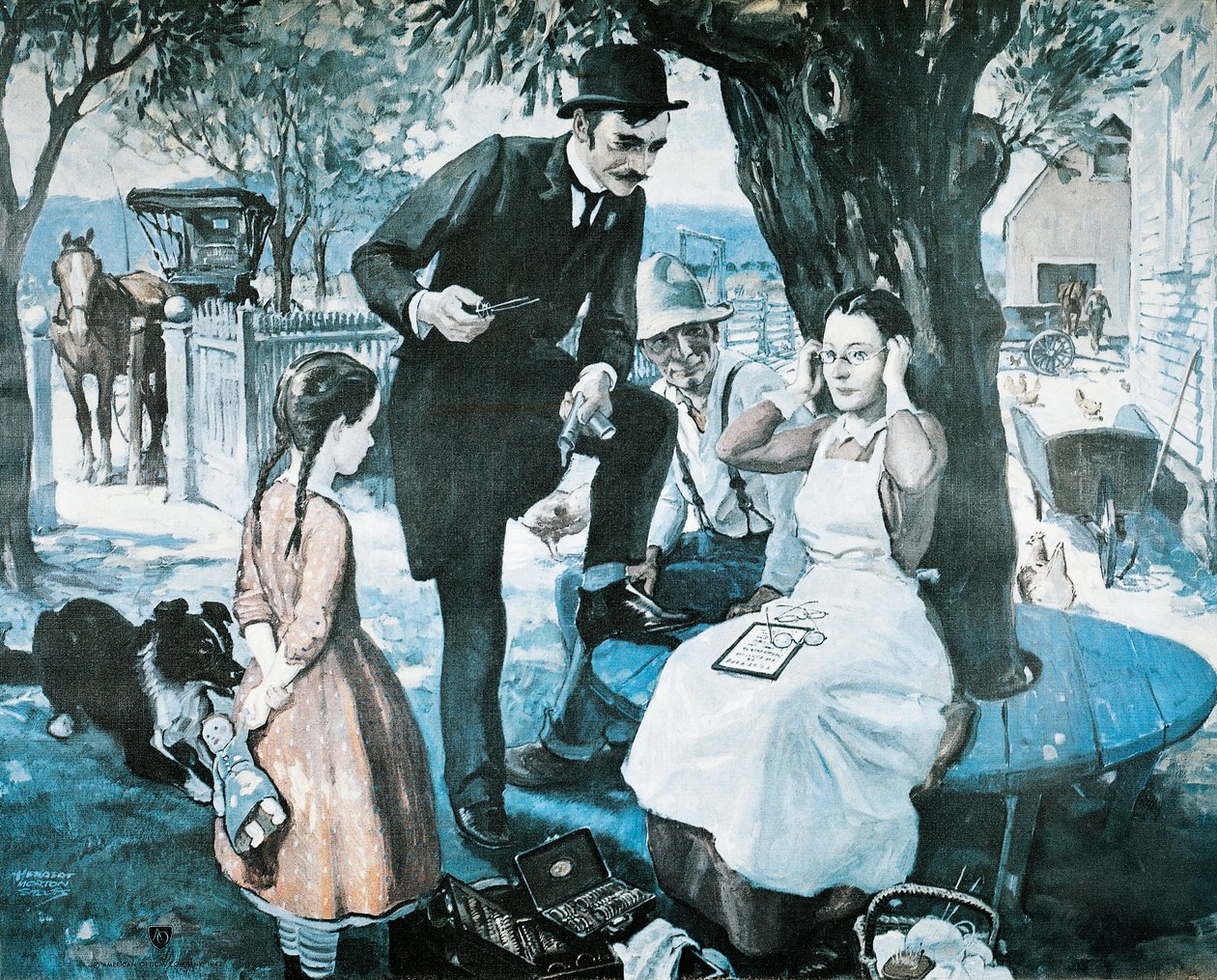 Silmälasien myyjä 1800-luvun lopulla, mainos American Optical Companylle tekijältä Herbert Morton Stoops
