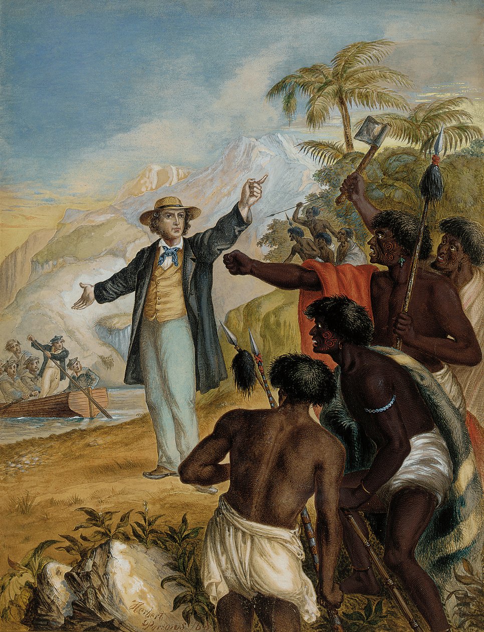 Skotlantilainen lähetyssaarnaaja, joka saapuu maihin sotivien maorien kanssa, 1868 tekijältä Herbert Parsons