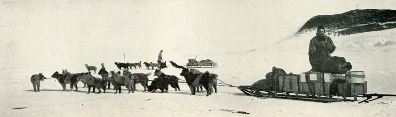 Meares ja Demetri koiraryhmiensä kanssa lähtemässä Hut Pointista, c1911, 1913 tekijältä Herbert Ponting