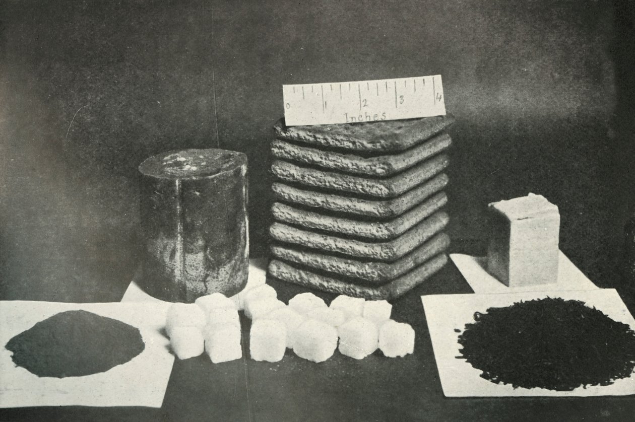 The Polar Partys Sledging Ration Pemmican, keksejä, voita, kaakaota, sokeria ja teetä, 1911, 1913 tekijältä Herbert Ponting