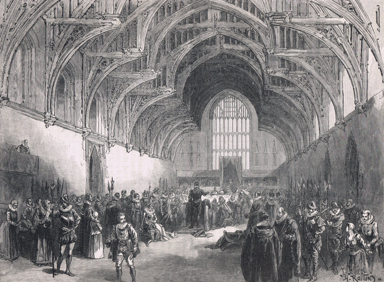 Valtion oikeudenkäynti Westminster Hallissa Elizabeth I:n aikana tekijältä Herbert Railton