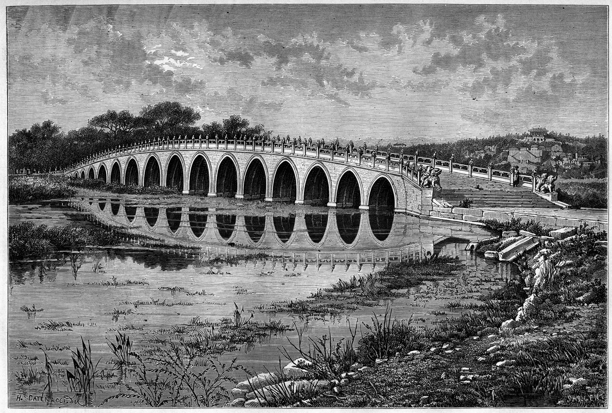 17 kaarinen silta Kunming-järvellä Ete-palatsissa lähellä Pekiniä 1800-luvulla. Kaiverrus Catenaccin piirustuksen jälkeen, Thomsonin valokuvan jälkeen julkaisussa "" Le Tour du Monde, Nouveau Journal des Voyages", toimittanut Edouard Charton, Paris tekijältä Hercule (after) Catenacci