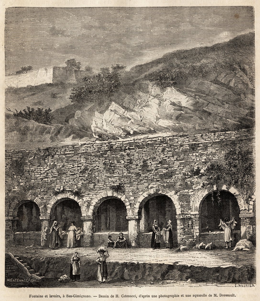 Naiset San Gimignanon (Toscana, Italia) suihkulähteellä ja pesutiloissa. Kaiverrus H. Catenaccin piirustuksen jälkeen havainnollistaa matkaa Toscanaan ja Umbriaan, Francis Wey, vuonna 1875, julkaistu "" Le tour du monde""" 1876, toimittanut Edouard Cha tekijältä Hercule (after) Catenacci