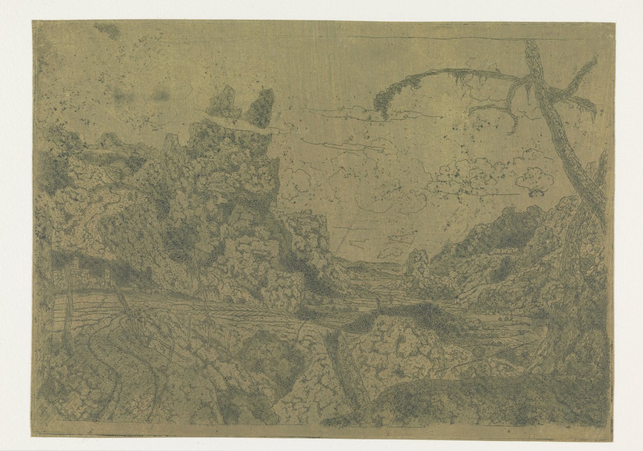 Mountain Valley, oikealla mies kantamassa keppiä tekijältä Hercules Segers