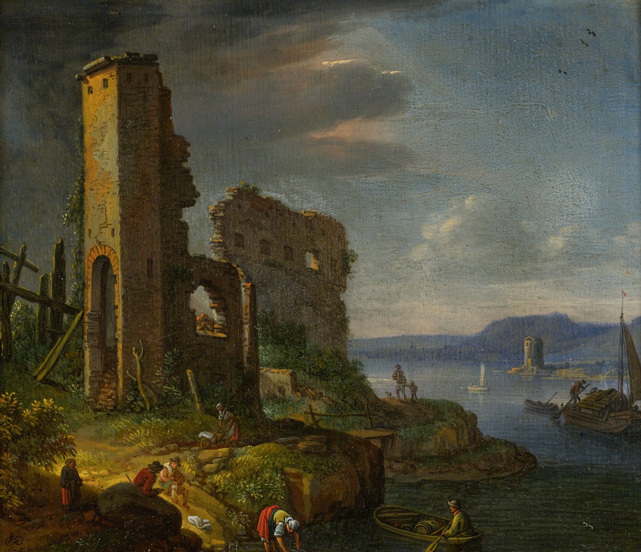 Flusslandschaft mit Ruinen, Booten und Figuren tekijältä Herman Saftleven