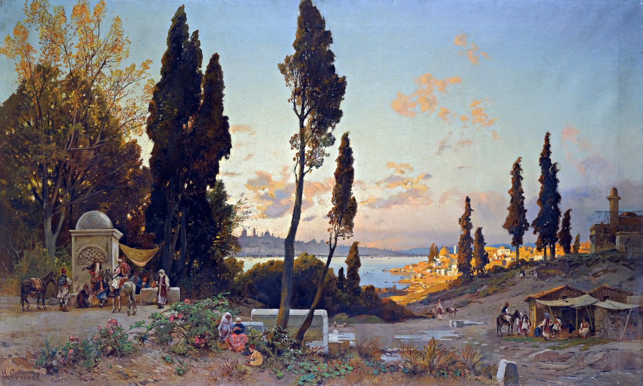 Vue du Bosphore a Konstantinopoli - Peinture de Hermann David Salomon Corrodi (1844-1905), orientalismi - Näkymiä Bosporinsalmelle, Konstantinopoli - Hermann David Salomon Corrodin (1844-1905) öljy kankaalle - 100x166,5 cm - Yksityiskokoelma tekijältä Herman David Salomon Corrodi