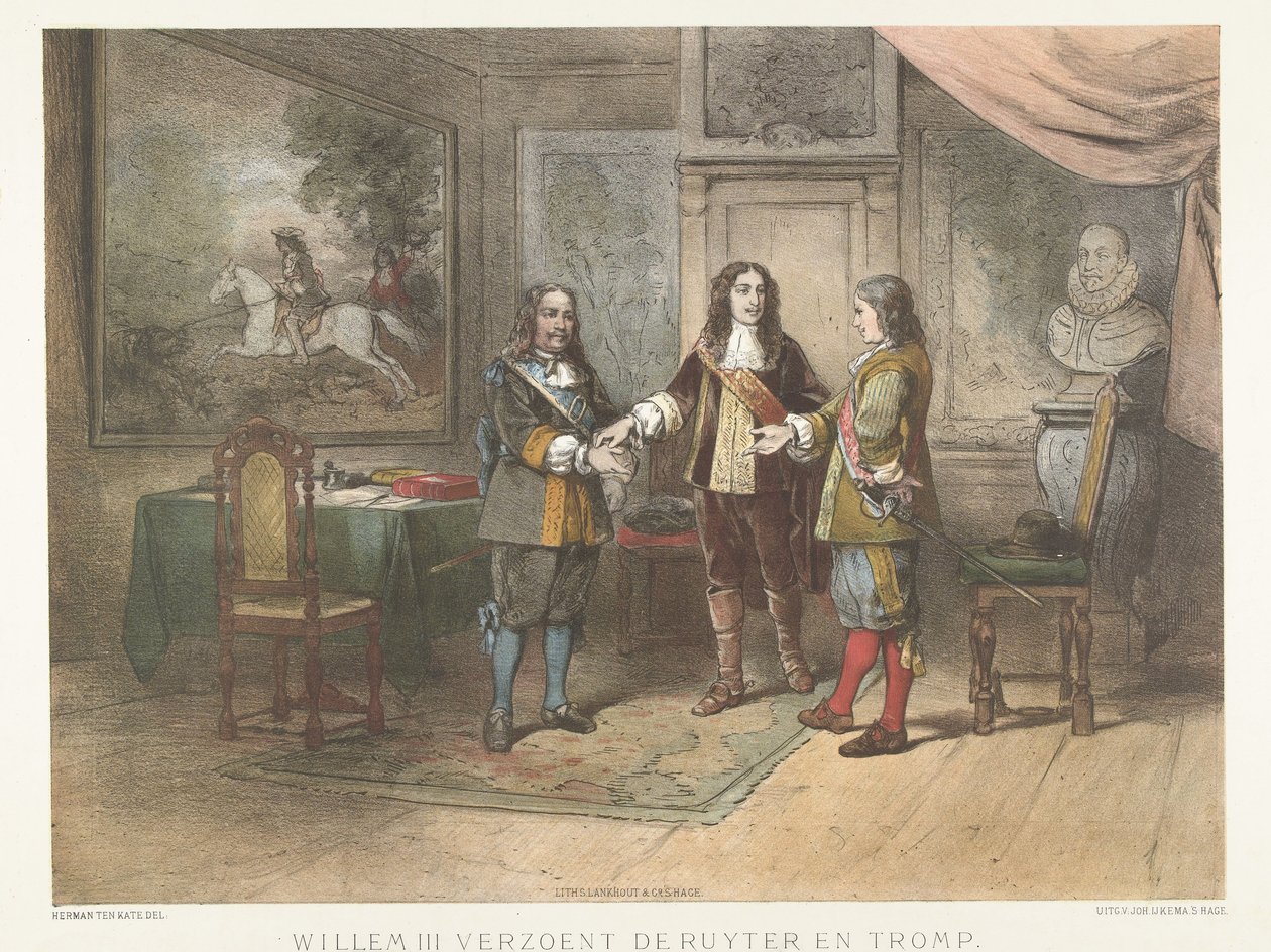 Prinssi William III sovittaa Michiel de Ruyterin ja Cornelis Trompin, 1673 Willem III sovittaa de Ruyterin ja Trompin (otsikko esineessä) tekijältä Herman Frederik Carel ten Kate