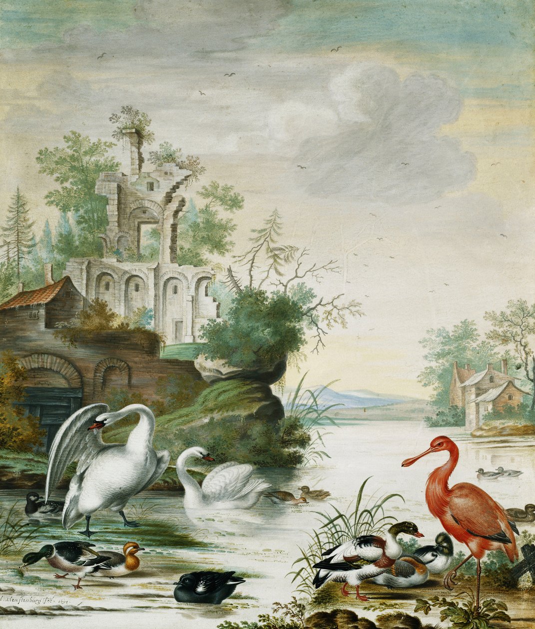 Joutsenet, lusikkanokka, sinisorsa, wigeon ja muita ankkoja joella raunion alla, 1694 tekijältä Herman Henstenburgh