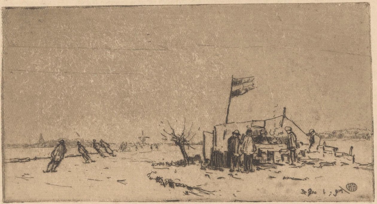 Talvimaisema luistelijoiden kanssa tekijältä Herman Heuff (signed by artist)