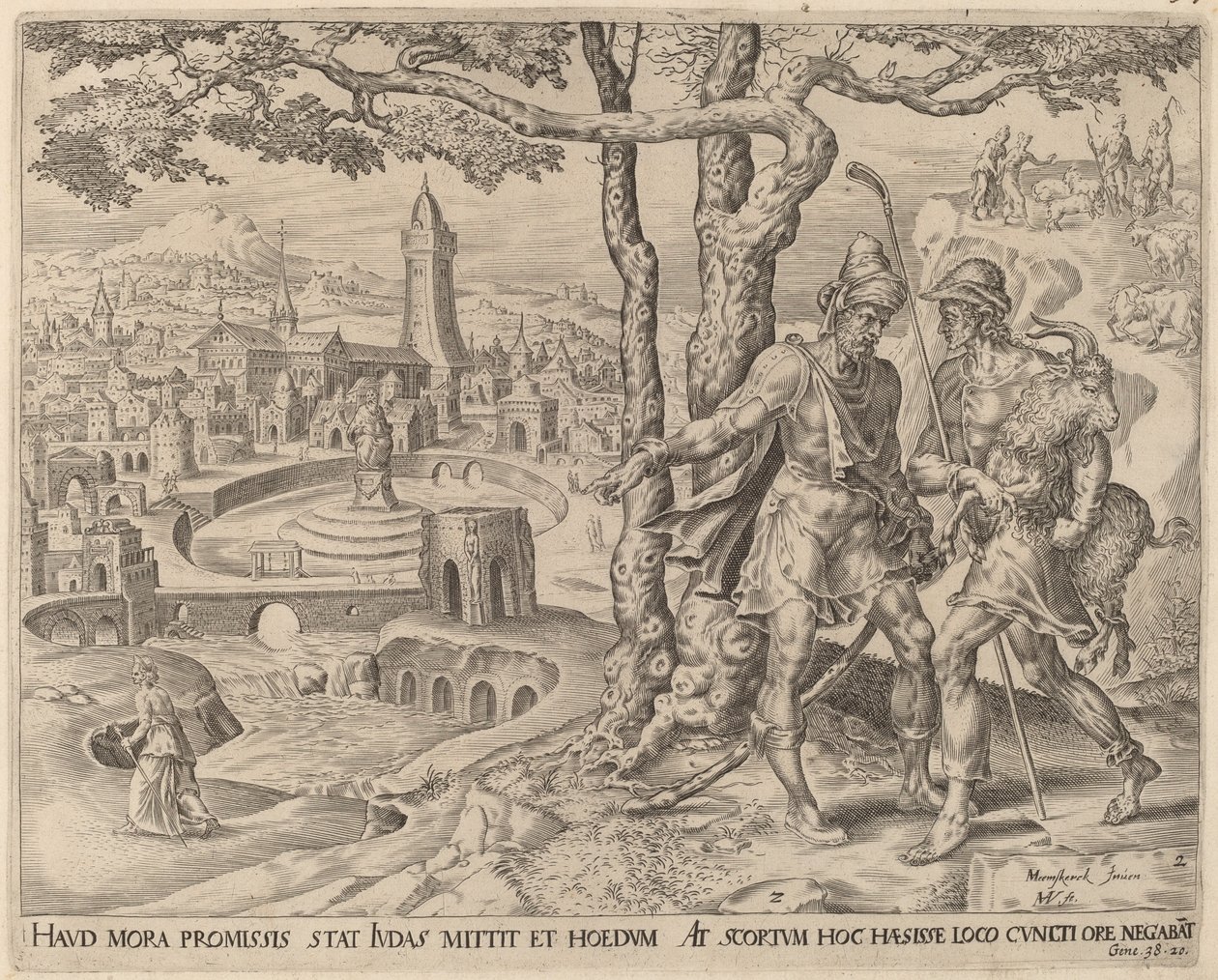Adullamilainen Hirah lapsen kanssa tekijältä Herman Jansz Muller after Maerten van Heemskerck