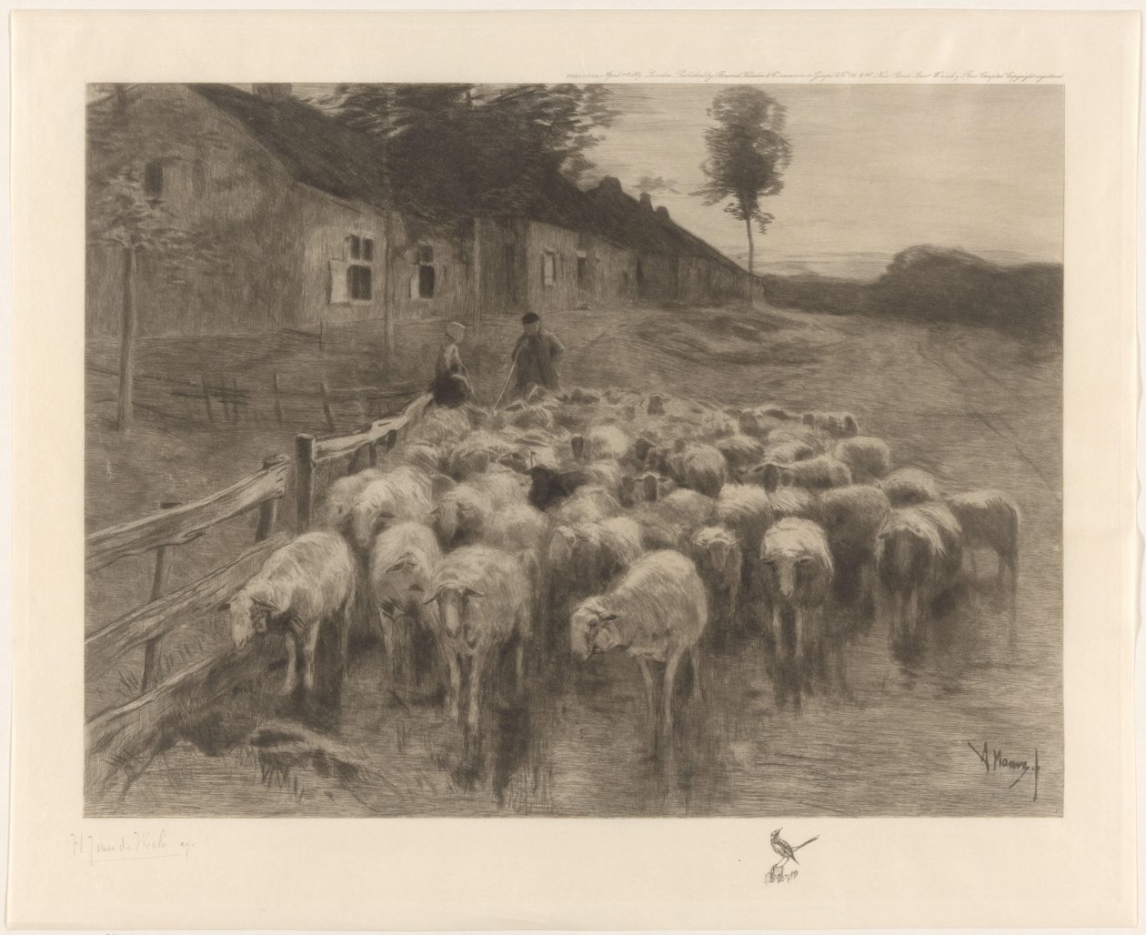 Paimen ja nainen, jolla on lammaslauma tekijältä Herman Johannes van der Weele (signed by artist)