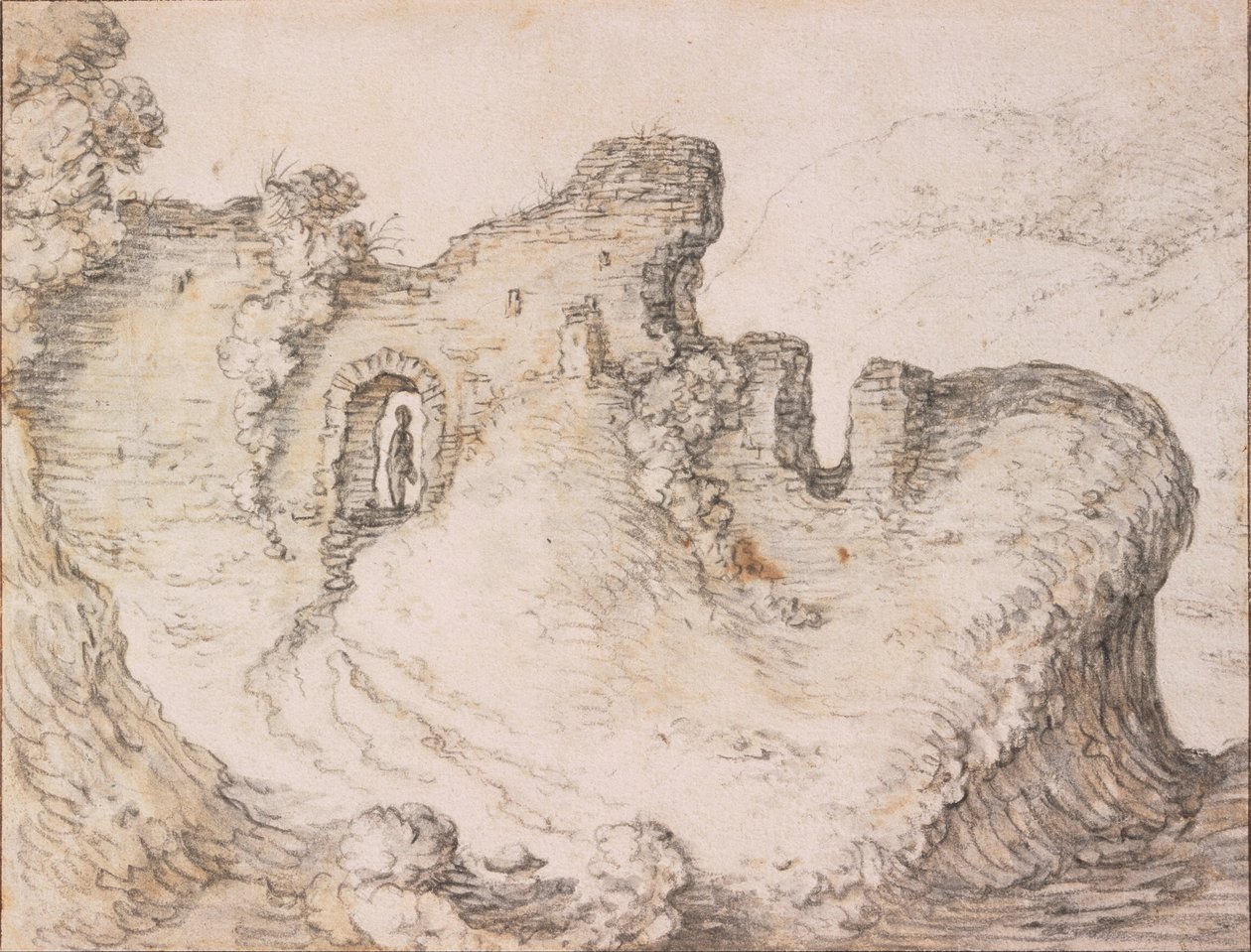 Kalliomainen maisema raunioineen, muodostaen miehen kasvojen profiilin, n. 1650 tekijältä Herman Saftleven
