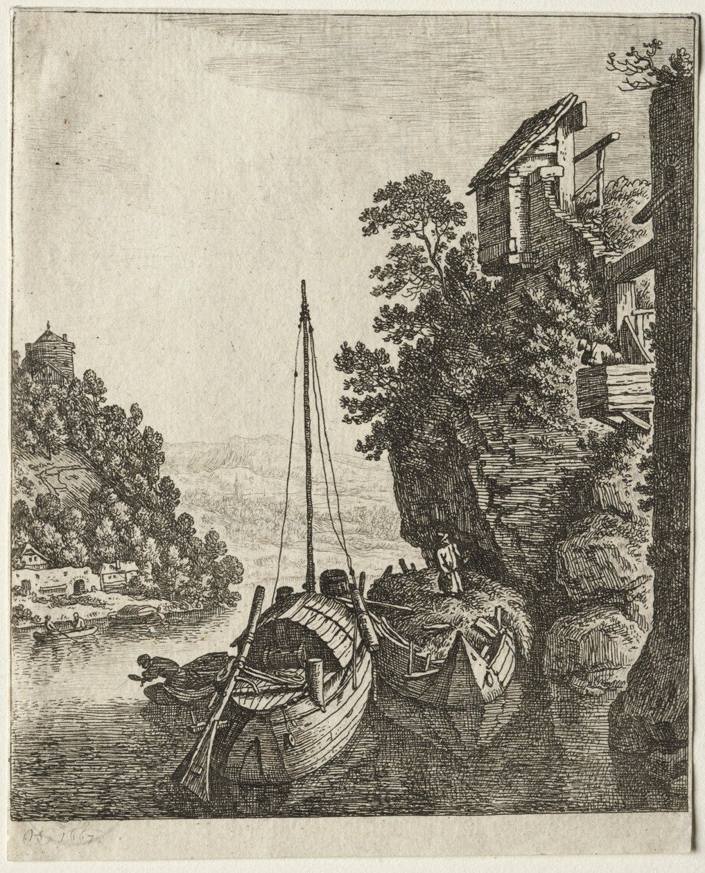 Kaksi venettä ankkuroituna kiven alle, 1667. tekijältä Herman Saftleven