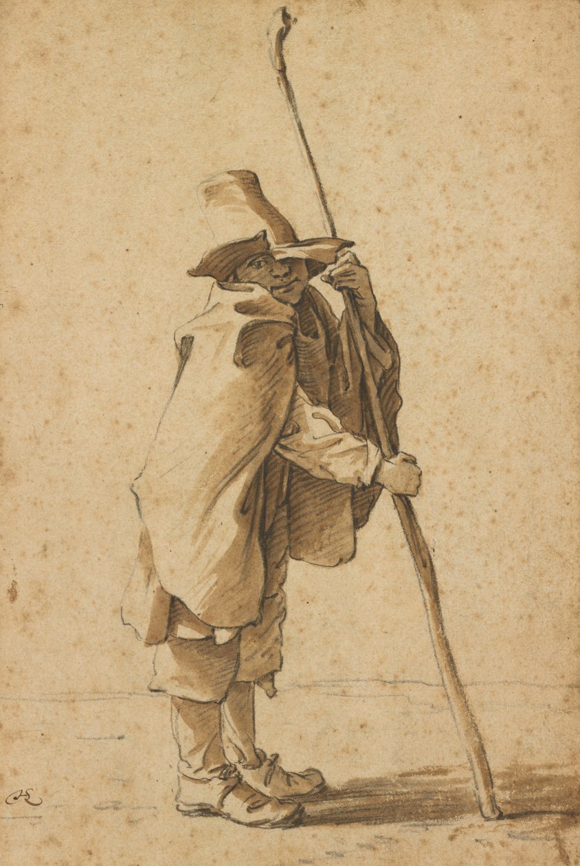 Nuori karjamies nojaa "Houlette"-laitteeseensa. tekijältä Herman Saftleven the Younger