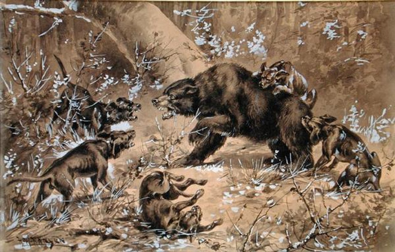 Bear Hunt (akvarelli ja kiinalainen valkoinen paperille) tekijältä Herman Wendleborg Hansen