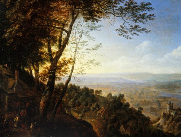 Metsäinen maisema talonpoikien kanssa mökin vieressä (öljy paneelille) tekijältä Herman the Younger Saftleven