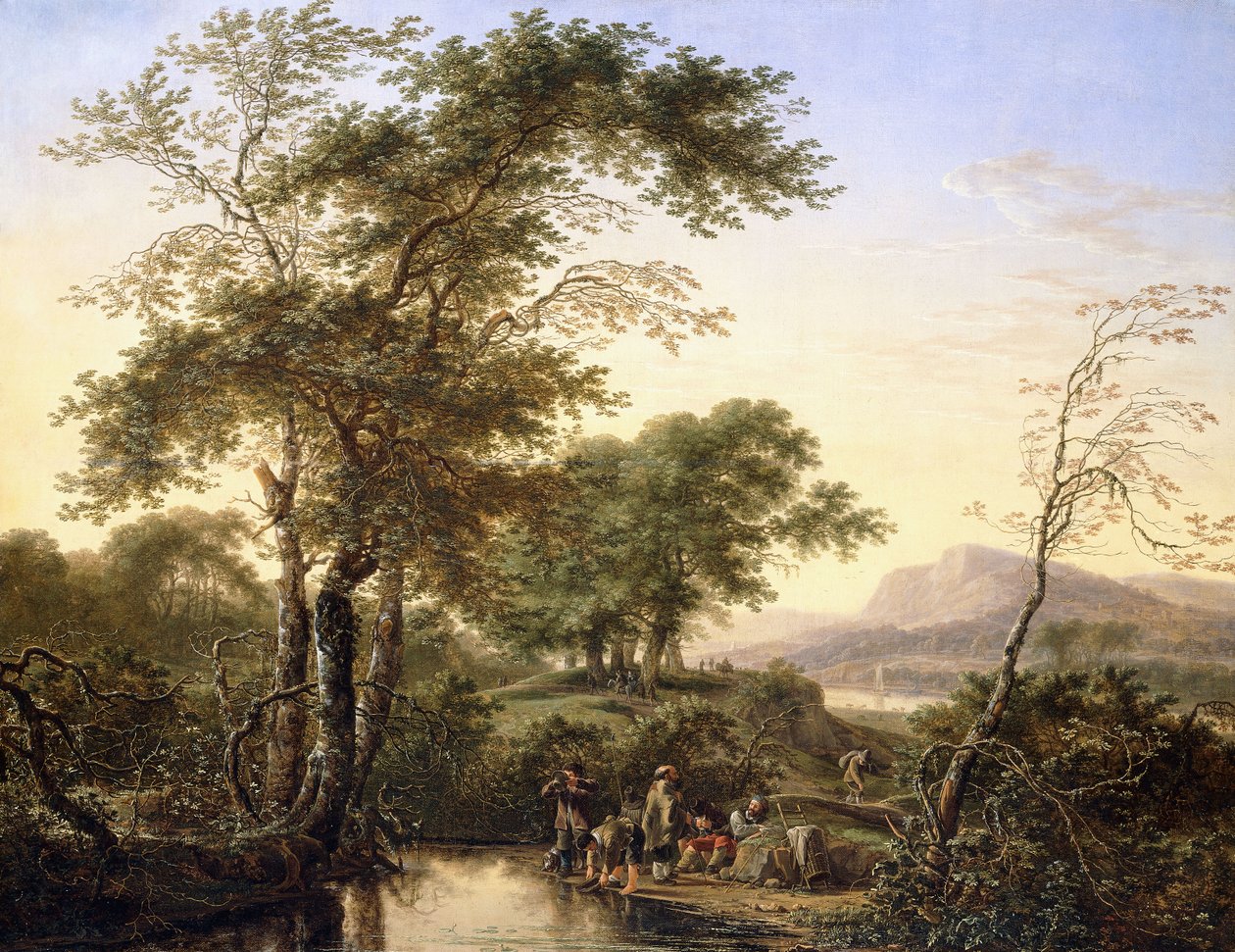 Laaja italialainen jokimaisema matkustajien kanssa uima-altaan äärellä, 1646 tekijältä Herman the Younger Saftleven