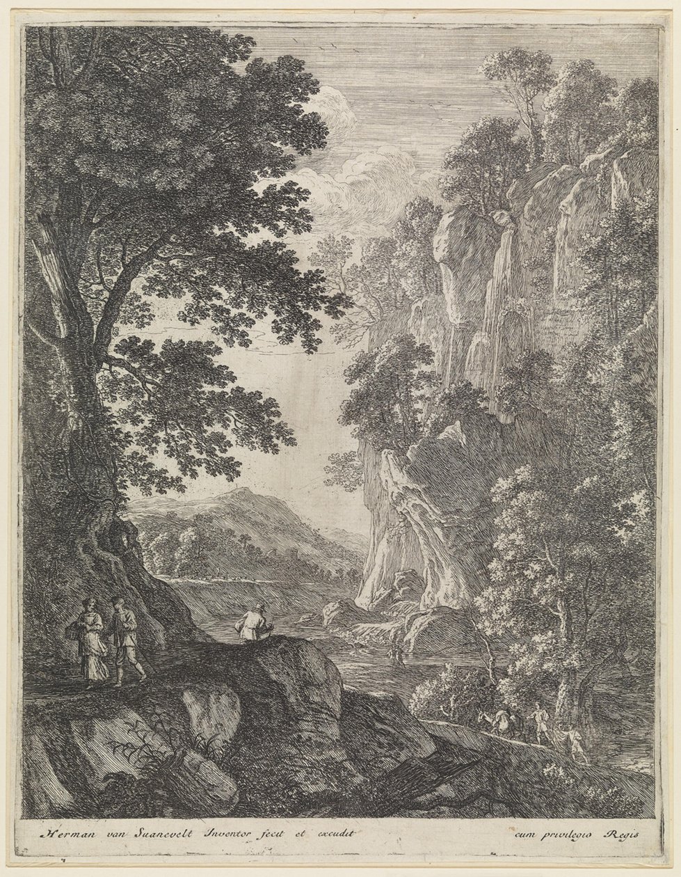 Vuoristomaisema ja vesiputous tekijältä Herman van Swanevelt