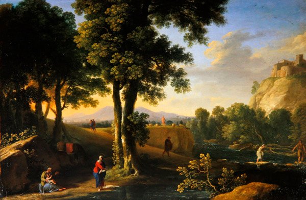 Pyhä perhe maisemassa, n. 1640 (öljy kankaalle) tekijältä Herman van Swanevelt