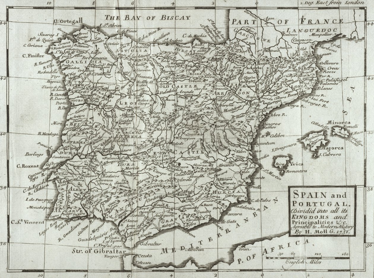 Espanjan ja Portugalin kartta, 1731 tekijältä Hermann Moll
