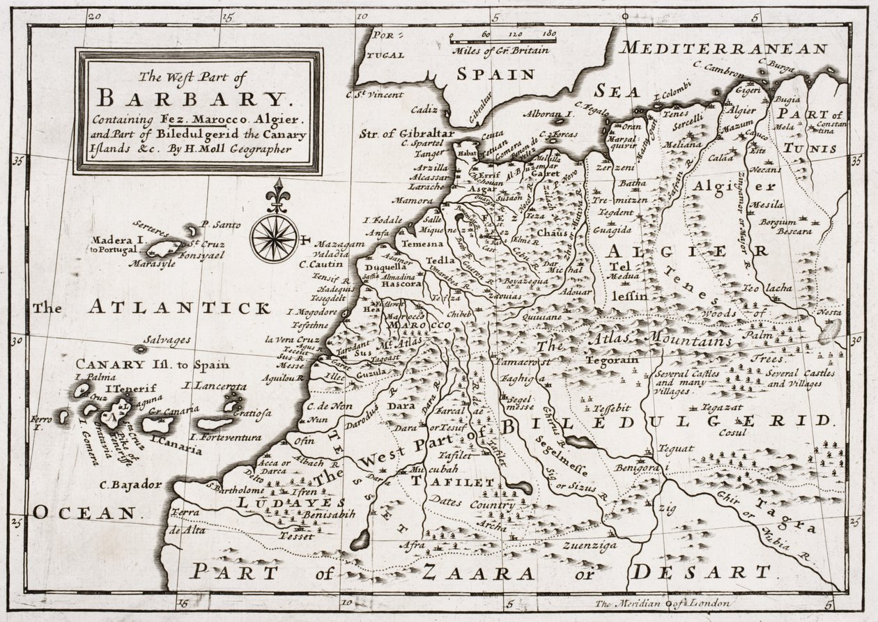 Barbaryn länsiosan kartta, n. 1720 tekijältä Hermann Moll