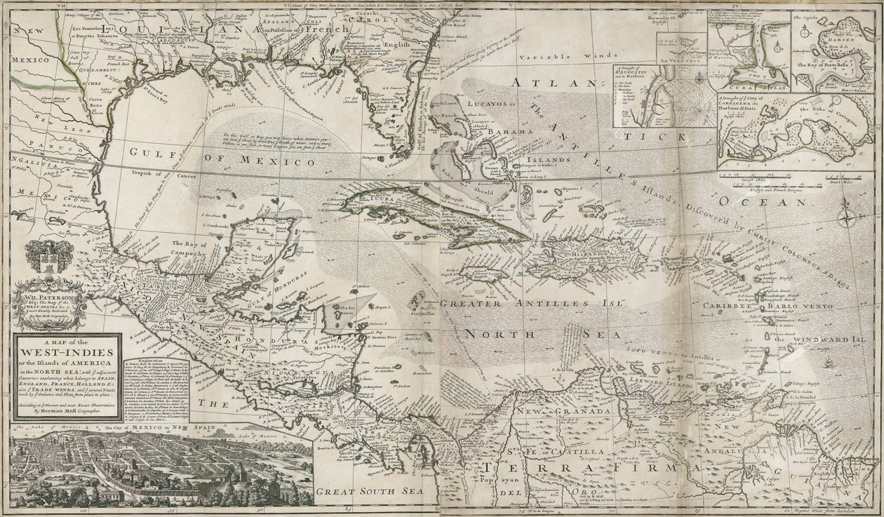Karibian kartta, 1715 (käsinvärinen kaiverrus) tekijältä Hermann Moll