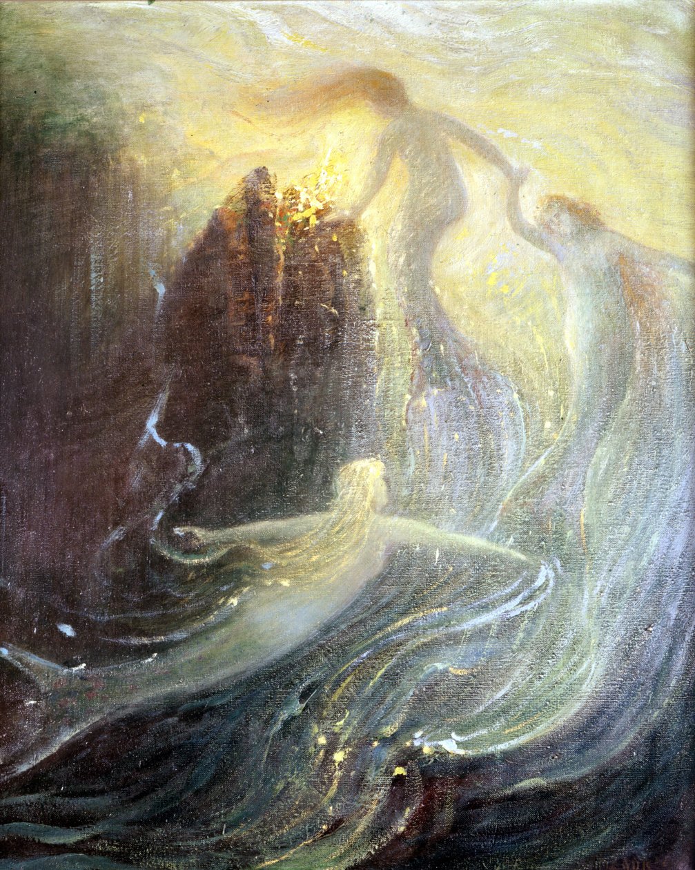 Lavastus Richard Wagnerin vuonna 1869 luotuun oopperaan "Les filles du Rhine": Herman Hendrichin maalaus. Wagner-museo Bayreuth. tekijältä Hermann Hendrich