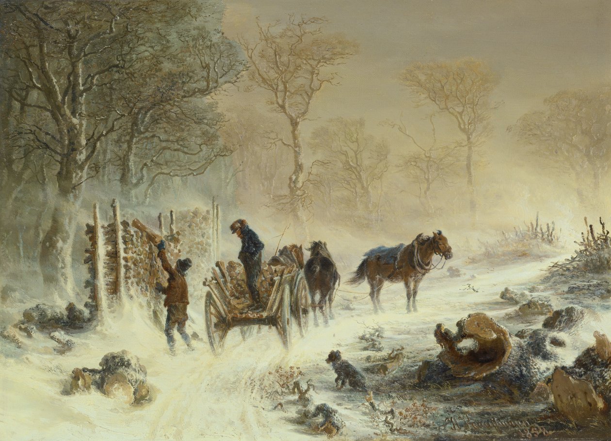 Ladataan puuta lumessa, 1858 tekijältä Hermann Kauffmann