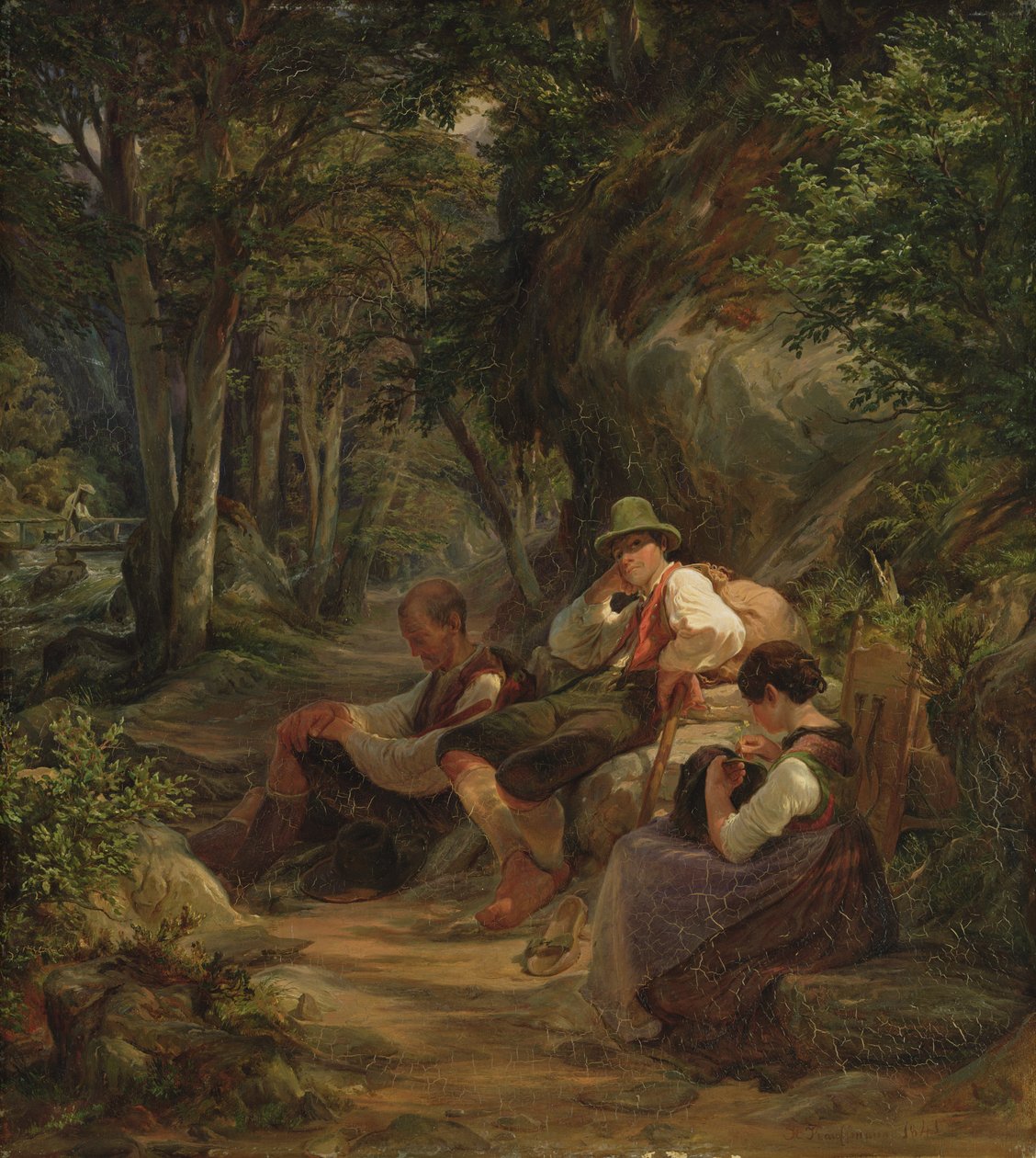 Kolme yläbaijerilaista lepäämässä alppipolulla, 1841 tekijältä Hermann Kauffmann