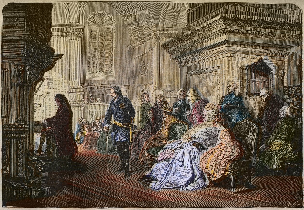 Preussin kuningas Frederik II Suuri (1712-1786) kuuntelee säveltäjä Jean Sebastian Bachia soittamassa hovissa, kaivertaa Kaulbachin maalauksen jälkeen - Frederick II Suuri, Preussin kuningas, kuuntelemassa Johann Sebastian Bachia urkuilla, Sanssouci tekijältä Hermann Kaulbach