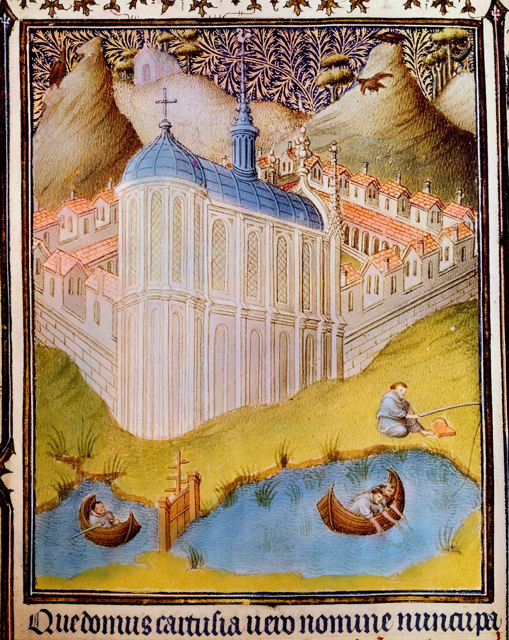 Karthusialaiset munkit verkkoamassa ja koukuttamassa kaloja kalalammikoissa Chartreusessa, Ranskassa, 1400-luku tekijältä Hermann Limbourg