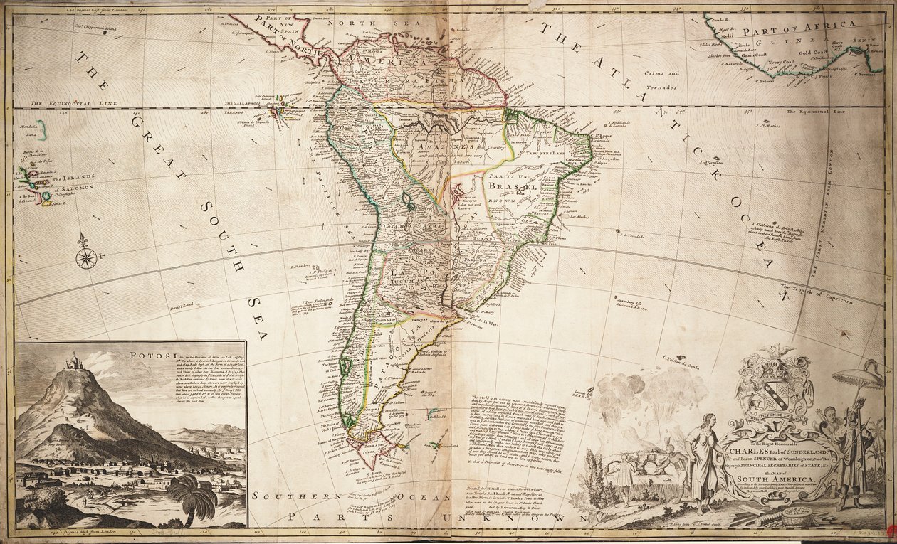 Etelä-Amerikan kartta, noin 1715 (värillinen kaiverrus). tekijältä Hermann Moll