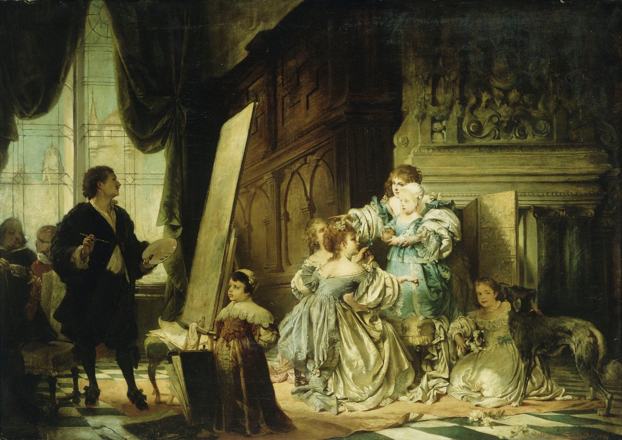 Van Dyck studiossaan maalaamassa muotokuvan Charlesista, Walesin prinssistä, Charles I:n pojasta, 1876 tekijältä Hermann Schneider