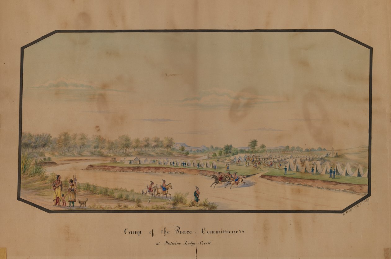 Rauhankomissaarien leiri Medicine Lodge Creekissä, 1867. tekijältä Hermann Stieffel
