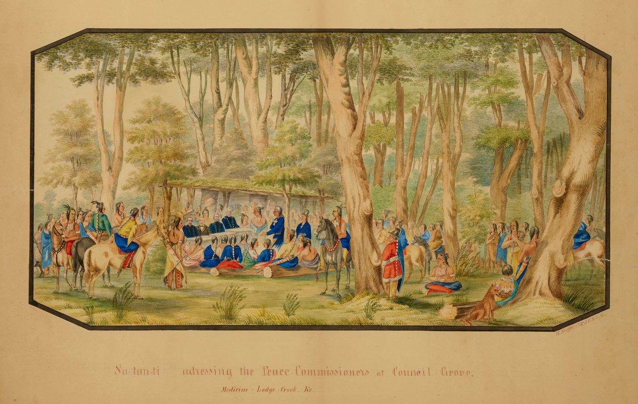 Sa-tan-ti puhuu rauhanvaltuutetuille Council Grovessa, Medicine Lodge Creekissä, 1867. tekijältä Hermann Stieffel