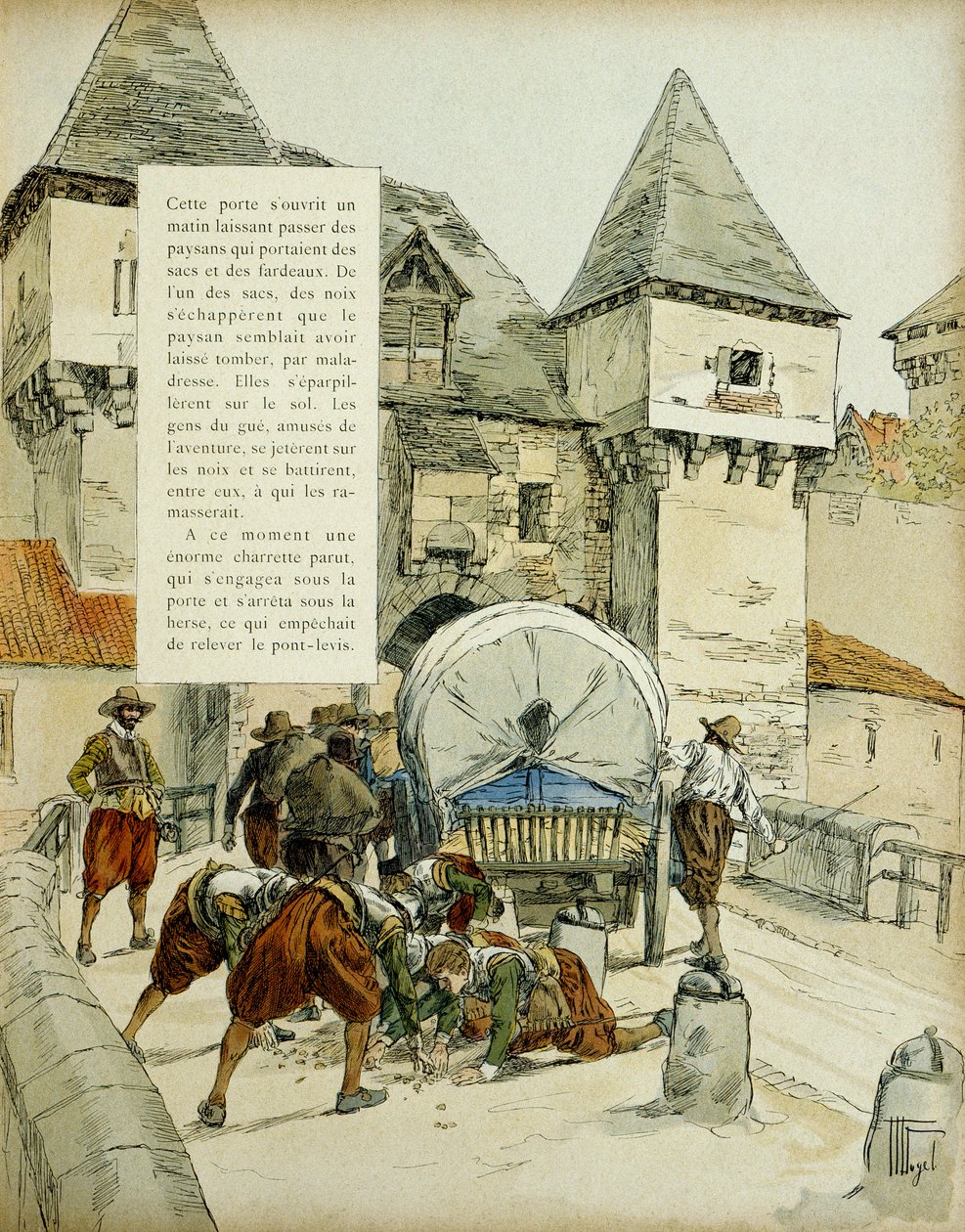 Amienin yllätys. Espanjalaiset valtasivat Amiensin kaupungin tempun avulla 11. maaliskuuta 1597 estämällä äkeen kärryillä. Kuvitus, 1907, Hermann Vogel tekijältä Hermann Vogel
